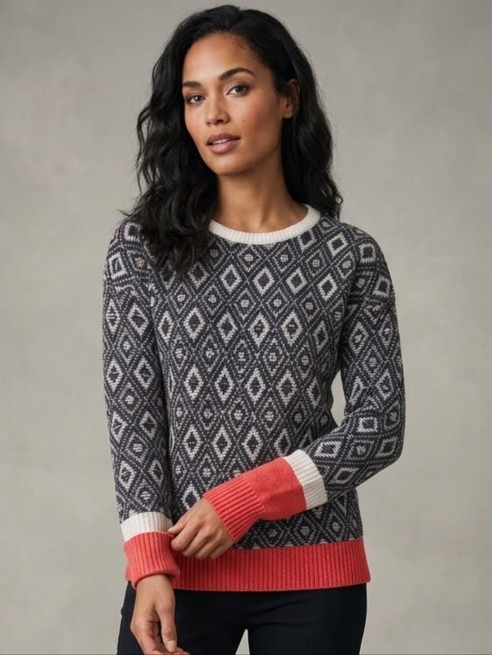 Caslon Women's L Aztec Geometric Sweater Black White Red Southwestern Knit